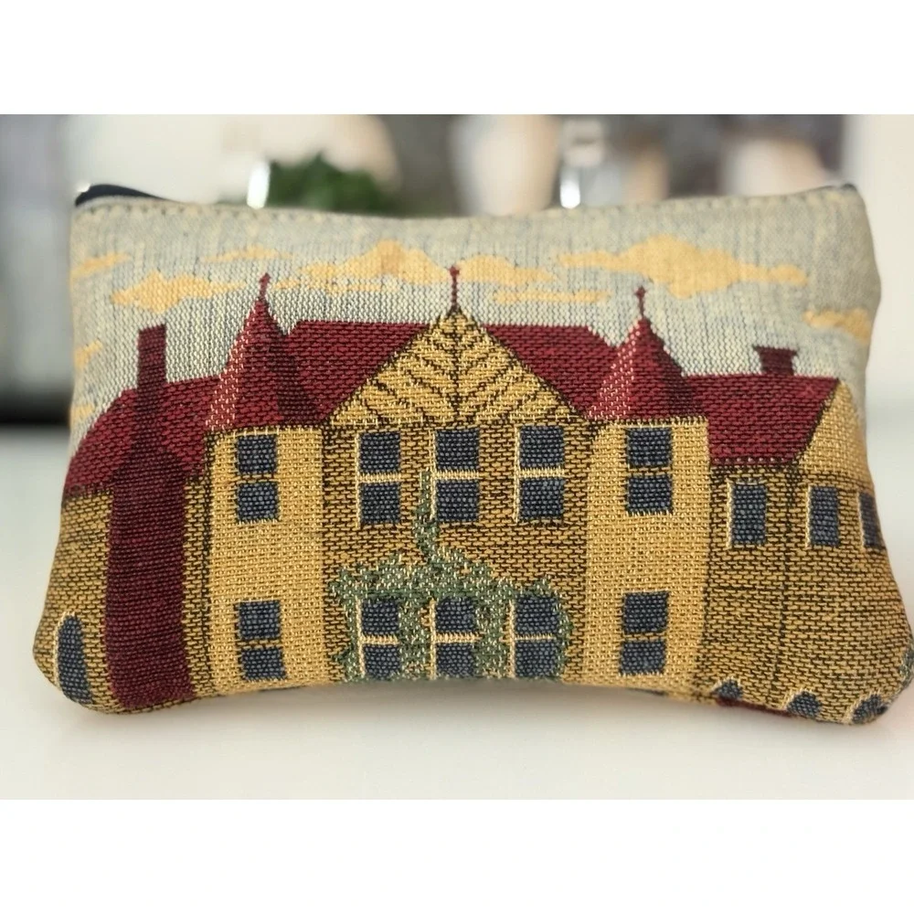 Vintage Tapestry Row Houses‎ Embroidered Style Zippered Bag Makeup Pouch 7